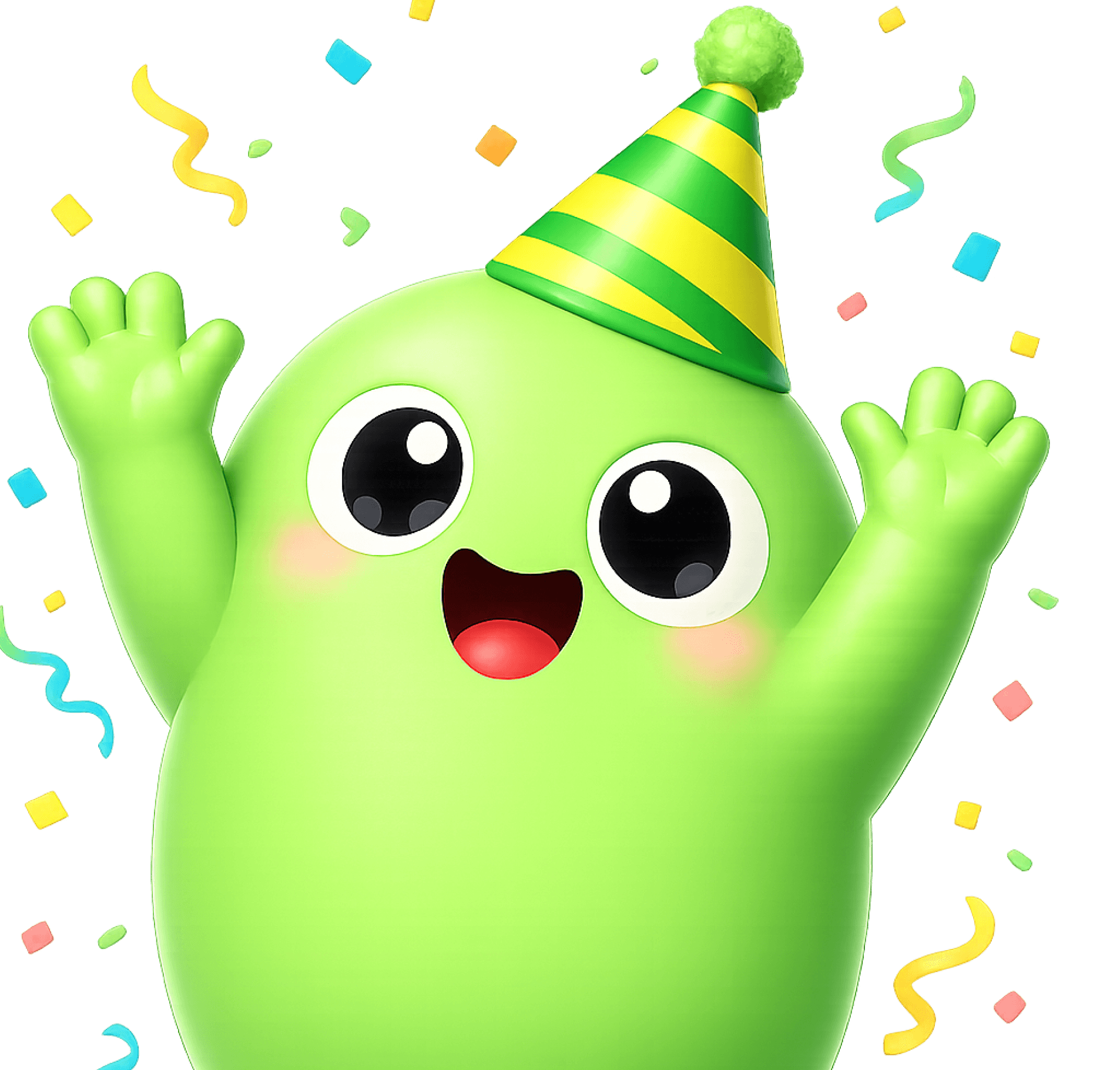 Marki celebrating with a party hat and confetti.