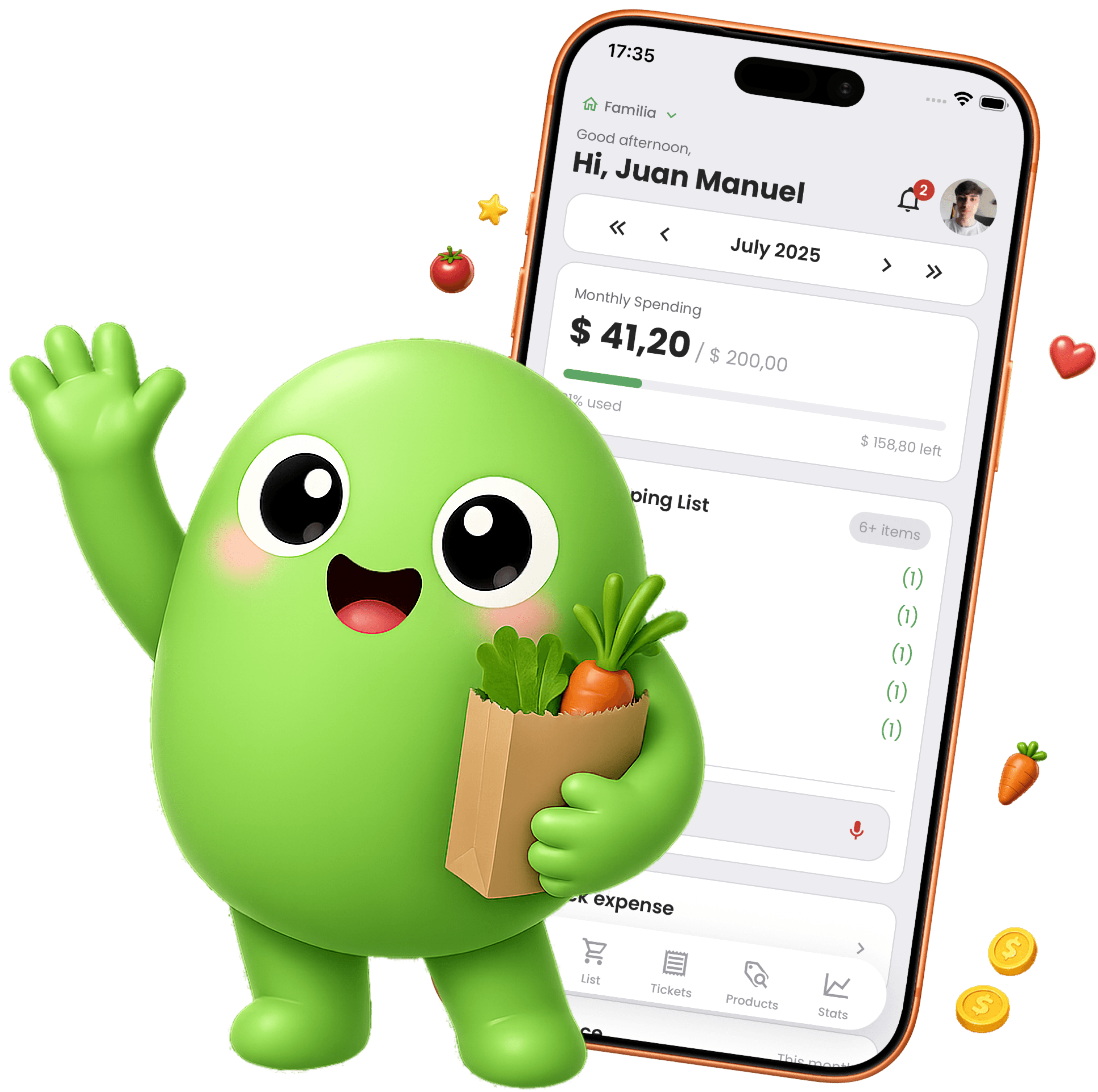 Marki, the app mascot, next to a phone showing the main screen with spending and shopping list.